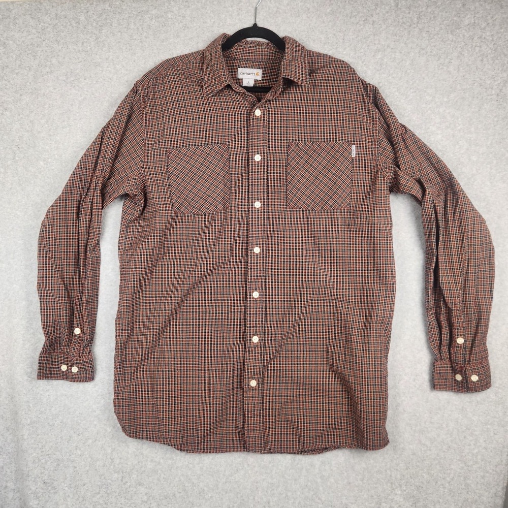 Carhartt Mens Shirt Large Tall Brown Red Plaid Micro Check Plaid Workwear